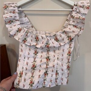 Reformation White Floral Ruffle Blouse